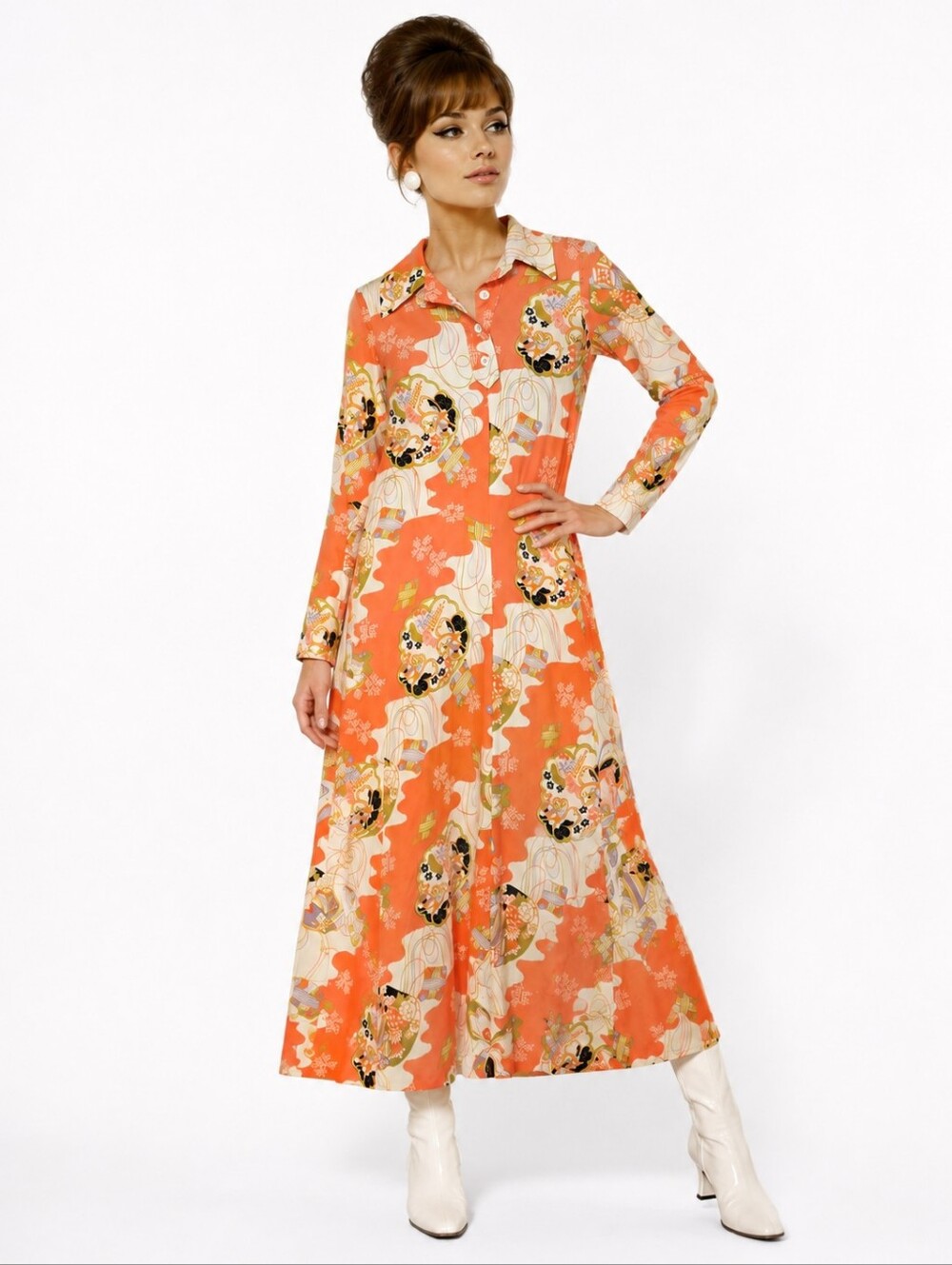 Glamour/sparks Vtg 60s Mod Groovy Peachy Asian Inspired Poly Maxi Dress. S